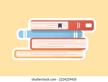 School supplies sticker. Poster with stack of books or literature to read. Encyclopedias or fairy tales for students. Education and Knowledge. Cartoon flat vector illustration isolated on beige