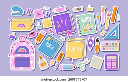 School supplies sticker set. Back to school. Backpack, books, pen, pencil, ruler, pencil box, paints. Suitable for prints, cards, scrapbooking, paper crafts. Vector illustration in a flat style.