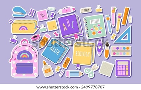 School supplies sticker set. Back to school. Backpack, books, pen, pencil, ruler, pencil box, paints. Suitable for prints, cards, scrapbooking, paper crafts. Vector illustration in a flat style.