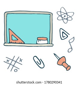 Die Schule gibt Aufkleber auf weißem, isoliertem Hintergrund. Chalk-Board für Einladung oder Geschenkkarte, Notebook, Badziegel, Scrapbook. Telefonzelle oder Stoffdruck-Kunst im Doodle-Stil, Vektorgrafik im Doodle-Stil
