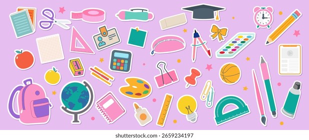 A ilustração de vetor de conjunto de adesivos de suprimentos escolares apresenta uma coleção diversificada de ícones coloridos de design plano para educação, arte e temas de volta à escola, perfeito para designs divertidos.