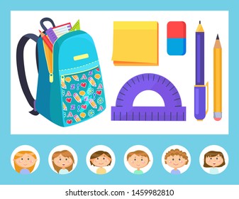 School supplies, stickers of backpacks, rulers and pen, paint and tassel, notebook and ruler, dividers and pencil. Smiling kids in round icon vector. Back to school concept. Flat cartoon