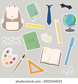 School supplies stickers. Beige background. Study. Backpack, book, notebook, paints, brush, pen, pencil, globe, bow tie, line. Icons. 