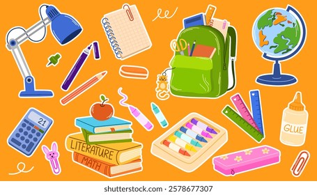 School supplies stickers set. Backpack, book, globe, paints, ruler, pen, pencil, calculator, pencil box, lamp, glue. Vector cartoon illustration for study, school, university.