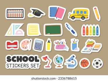 School supplies stickers vector set. Soroban, notebooks, sticky note, pencil case, textbooks, chalkboard flat vector illustration cartoon style clipart. Students, classroom, back to school concept