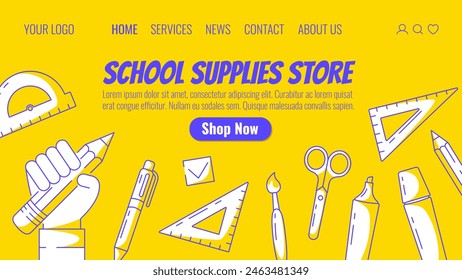 School supplies store, vector website template. pencil in hand, triangle, protractor, school stationery. For web, landing page, selling. Yellow background