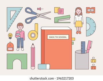 School supplies and student characters. flat design style minimal vector illustration.