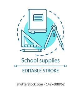 School supplies, student equipment concept icon. Stationery items store advertising idea thin line illustration. Book, dividers and ruler with pencil vector isolated outline drawing. Editable stroke