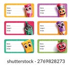 School Supplies Student Name Tag Template Clipart Set. Back to school student name tag template with cute character designs collection of school label, subject and grade cards for student identification and printable labels clip art vector illustration.
