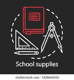 School supplies, student tools chalk concept icon. Stationery items store advertising idea. Book, dividers and ruler with pencil vector isolated chalkboard illustration. Draftsmanship attributes