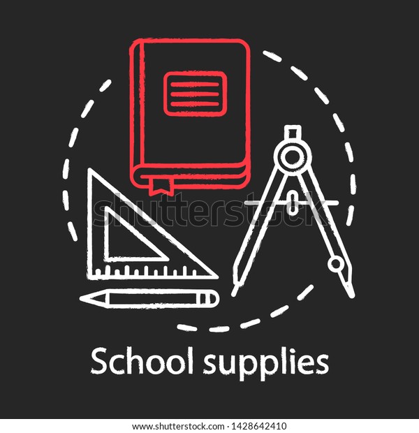 School supplies, student tools chalk concept\
icon. Stationery items store advertising idea. Book, dividers and\
ruler with pencil vector isolated chalkboard illustration.\
Draftsmanship\
attributes