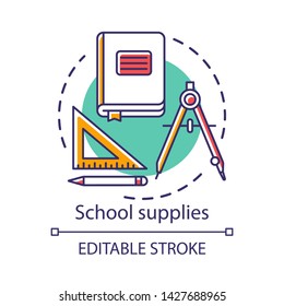 School supplies, student tools concept icon. Stationery items store advertising idea thin line illustration. Book, dividers and ruler with pencil vector isolated outline drawing. Editable stroke