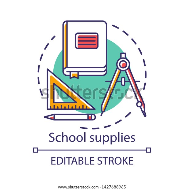 School supplies, student tools concept icon.\
Stationery items store advertising idea thin line illustration.\
Book, dividers and ruler with pencil vector isolated outline\
drawing. Editable\
stroke