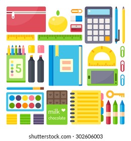 School Supplies From Student's Backpack. Vector Flat Illustration, No Transparencies. 