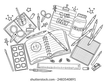 school supplies for students,coloring page black and white