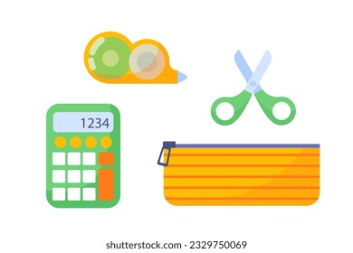 School supplies for study set. Calculator, scissors and pen and pencil case. Education, learning and training. Template and mock up. Cartoon flat vector collection isolated on white background