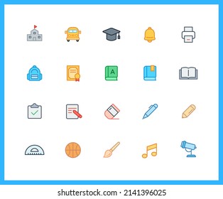 school supplies and subjects color icons. roller, brush, art ,science ,sport. Set of study symbols drawn with thin contour lines. Vector illustration.
