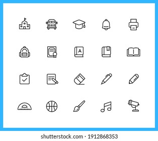 school supplies and subjects linear icons and color icons. roller, brush, art ,science ,sport. Set of study symbols drawn with thin contour lines. Vector illustration.