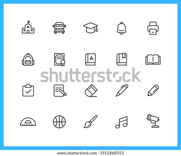 school supplies and subjects\
linear icons and color icons. roller, brush, art ,science ,sport.\
Set of study symbols drawn with thin contour lines. Vector\
illustration.