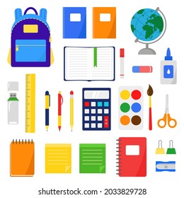 School supplies and subjects for pupils and students. Set isolated on white background. Educational accessories. Vector illustration in flat style