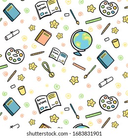 School supplies and school subjects vector illustration pattern.