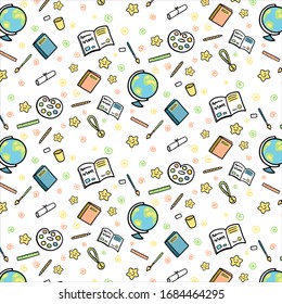 School supplies and school subjects vector illustration pattern.