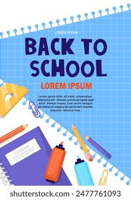 School supplies such as rulers, pencils, glue, and notebooks on a blue checkered background. Vector illustration concept of back to school. Vector illustration