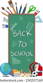 School supplies surrounding a chalkboard with text