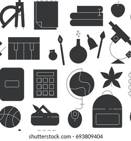 School supplies and symbols seamless pattern. Black icons. 