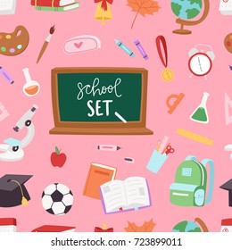 School supplies symbols seamless pattern background equipment vector illustration. Back to school