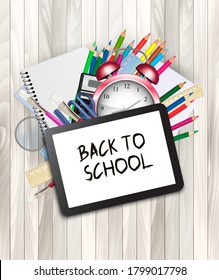 School supplies with a tablet. Back to online school. E-learning concept. Vector.