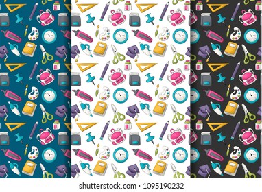 School supplies theme. Seamless pattern set. Vector illustrator.