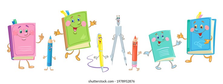 School supplies. Three funny books, exercise book, pen, pencils and compass. In cartoon style. Isolated on white background. Vector flat illustration
