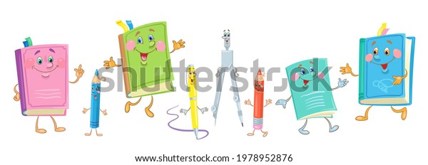 School supplies. Three funny books,\
exercise book, pen, pencils and compass. In cartoon style. Isolated\
on white background. Vector flat\
illustration