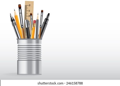 School supplies in tin can, vector background