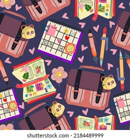 School supplies, сalendar with to-do list, diary, school bag. Flat vector illustration. Pattern. Dark background, wallpaper, cartoon style