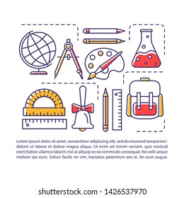 School supplies, tool article page vector template. Pupils accessories. Brochure, magazine, booklet design element with linear icons and text boxes. Print design. Concept illustrations with text space