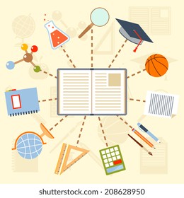 School supplies and tools around the book on a light background. Vector illustration