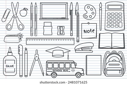 School Supplies - Various Black Icons in Outlines on Notebook Paper Background. Pen, Pencil, Backpack, Scissors, Compass, Eraser, Sharpener, Blackboard, Calculator, School Bus and others.