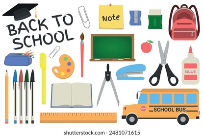 School Supplies - Various Colorful Icons and Back to School Logo. Pens, Pencils, Ruler, Stapler, Backpack, Scissors, Compasses, Eraser, Sharpener, Blackboard, School Bus and others.