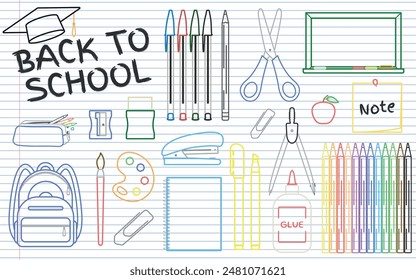 School Supplies - Various Colorful Icons in Outlines on a Notebook paper Background. Pen, Colored Pencils, Backpack, Scissors, Compass, Eraser, Sharpener, Chalkboard, Back To School Logo and others.