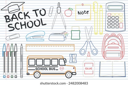 School Supplies - Various Colorful Icons in Outlines on a Notebook paper Background. Pen, Pencil, Backpack, Scissors, Eraser, Sharpener, Calculator, School Bus, Back To School Logo and others.