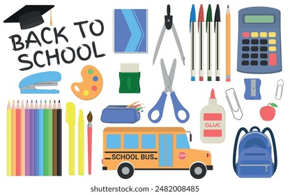 School Supplies - Various Colorful Icons and Back to School Logo. Pens, Pencils, Colored Pencils, Case, Backpack, Scissors, Compass, Eraser, Sharpener, Calculator, School Bus and others.