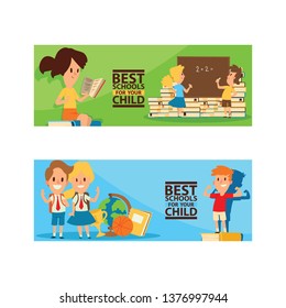 School supplies vector boy girl character kids education schooling accessory for schoolchilds backdrop children studying in classroom illustration set of educational stationery background banner.