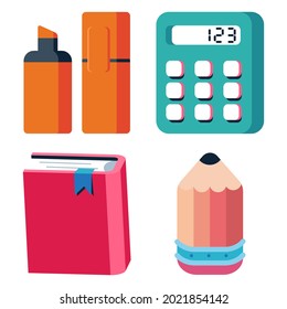 School supplies vector cartoon set isolated on a white background.