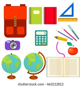 School supplies vector clip art objects. Blackboard banner template with education objects - knapsack, globe, rulers and stationery items.