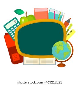 School supplies vector clip art objects. Blackboard banner template with education objects - backpack, globe, books and stationery items.