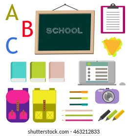 School supplies vector clip art objects. Blackboard with education objects - backpack, notebook, books and stationery items.