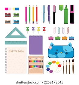 School supplies vector, Coloring flat design of school supplies, Realistic school supplies illustration, Pen case, Pencil color.