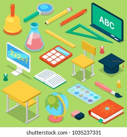 School supplies vector education schooling accessory for schoolchilds educational stationery for studying in classroom isometric illustration set of isolated on background